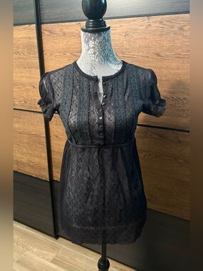 Free People Black Lace Short-Sleeve Top